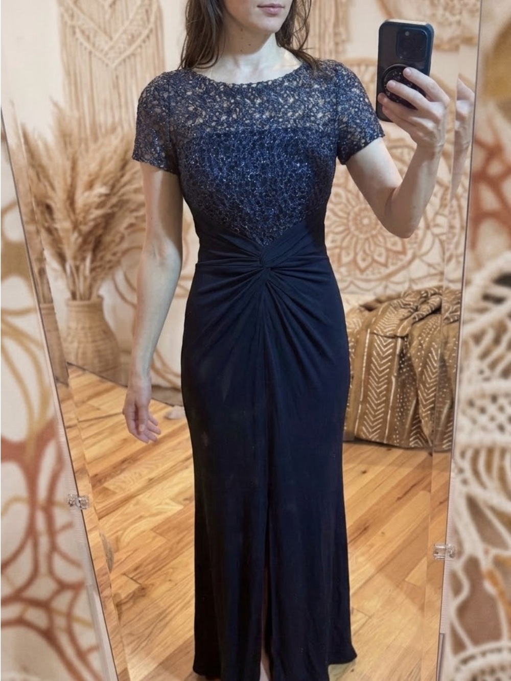 David Meister Navy Metallic Lace Knot-Front Gown - Size 2
